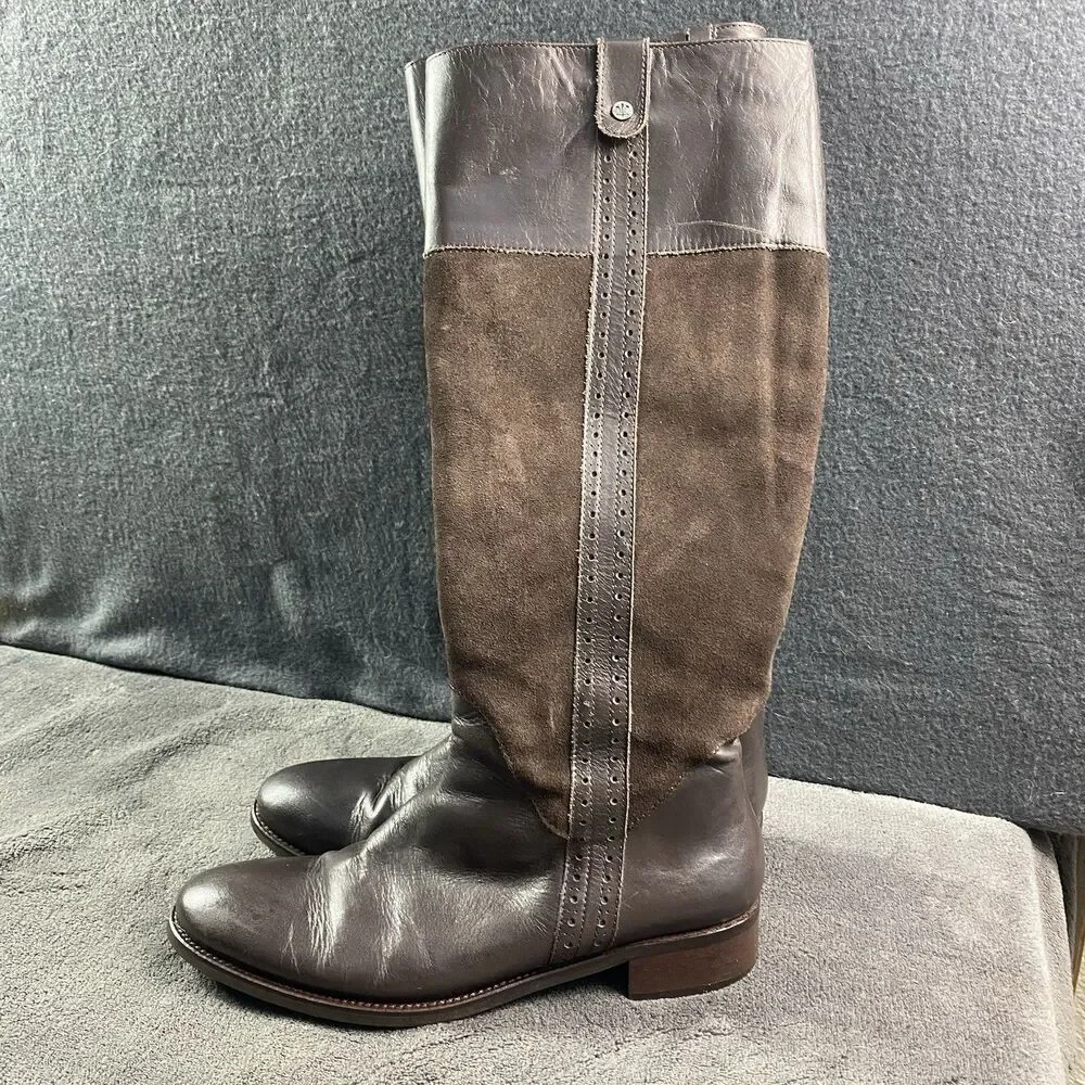 Brown Boots Womens 39 Leather Suede Zip Block Heel Tall Knee High Flat Shoes US9